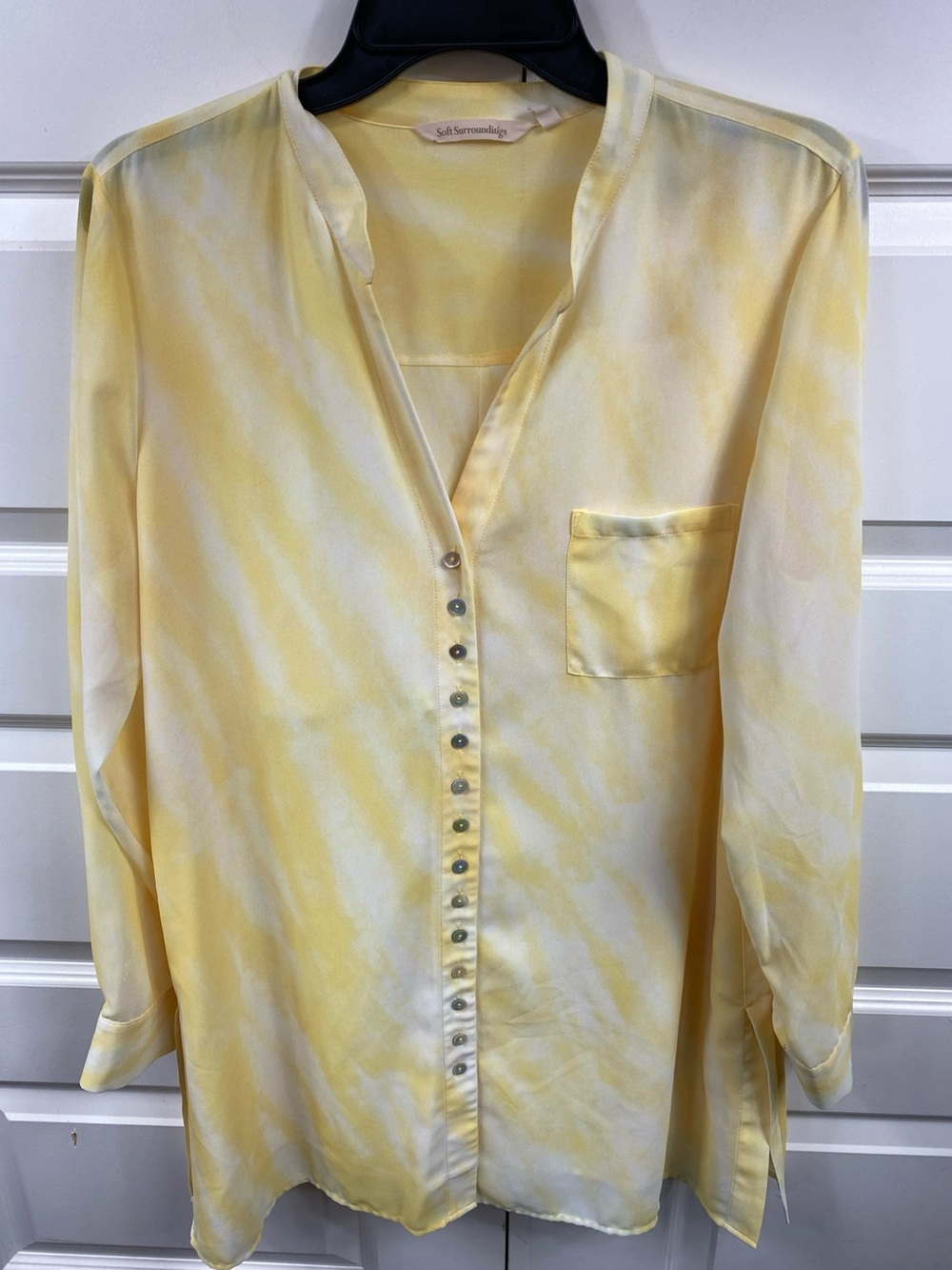 Soft Surroundings Yellow White Tie Dye Side Slit Button Down Tunic Large Sheer